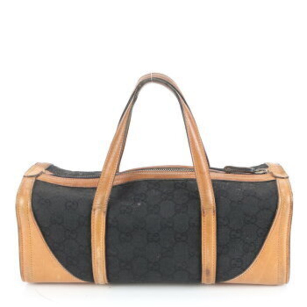 Gucci GG Canvas Boston Leather Handbag Tote Bag Black Brown EWE - Picture 3 of 8